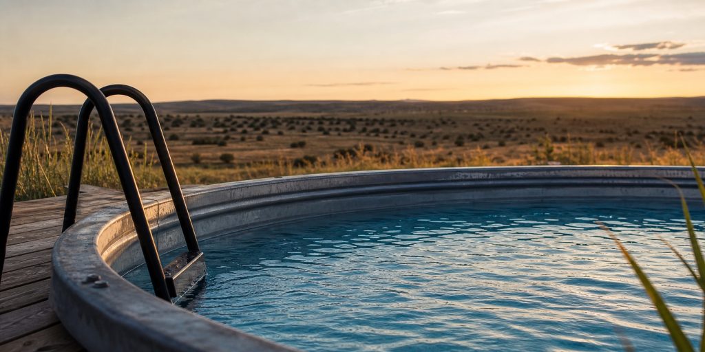 Stock tank pool detail at sunset