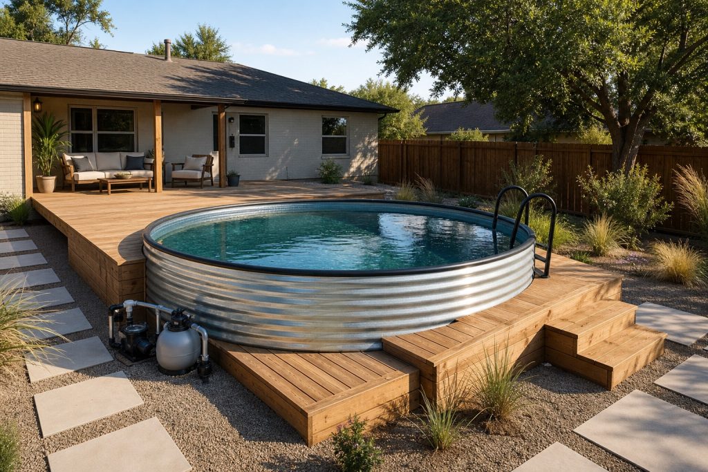 Prairie Pool with cedar deck in a West Texas backyard